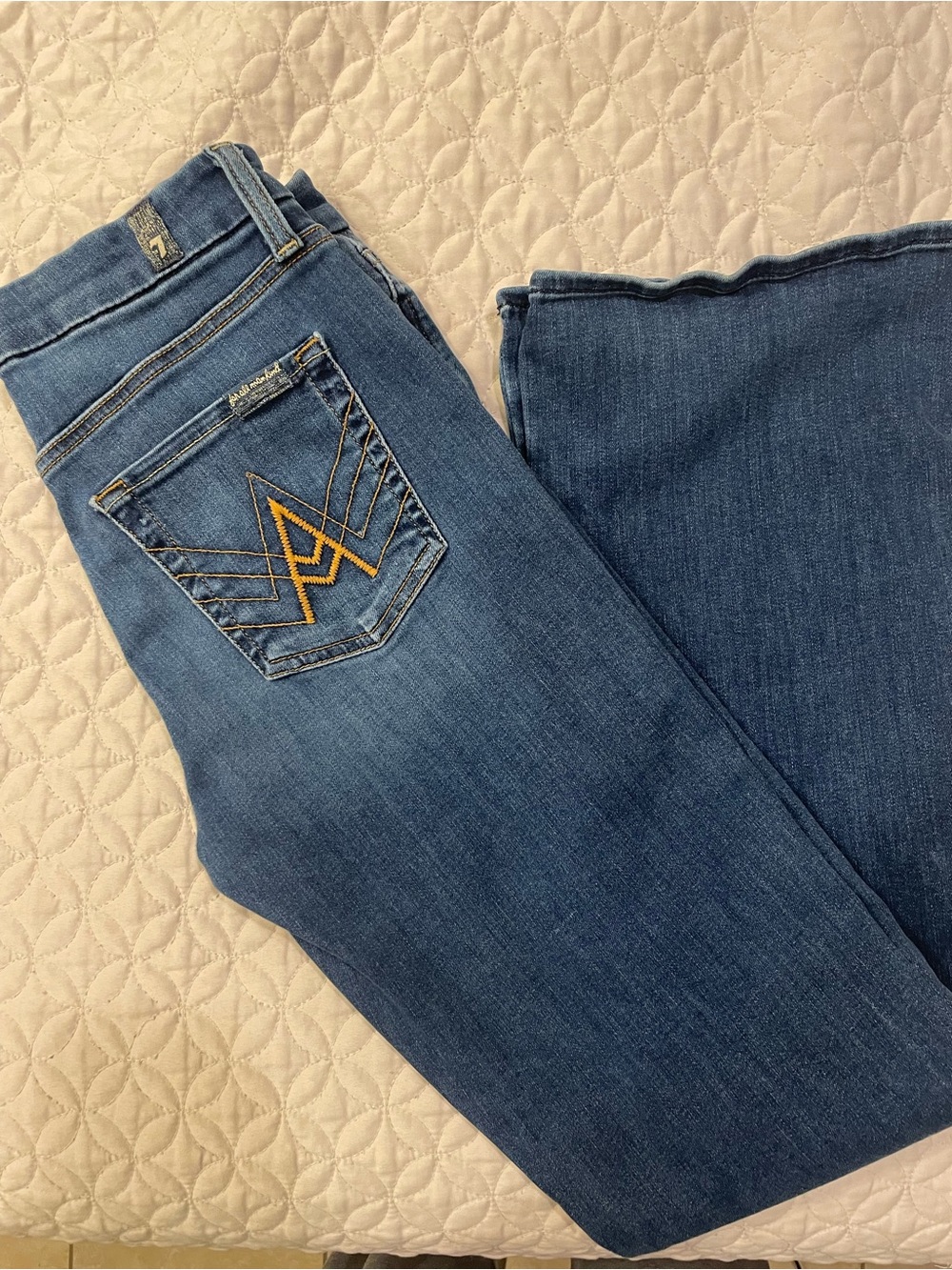 7 For All Mankind “A” Pocket Blue Bootcut Jeans with Embroidered Back Pocket